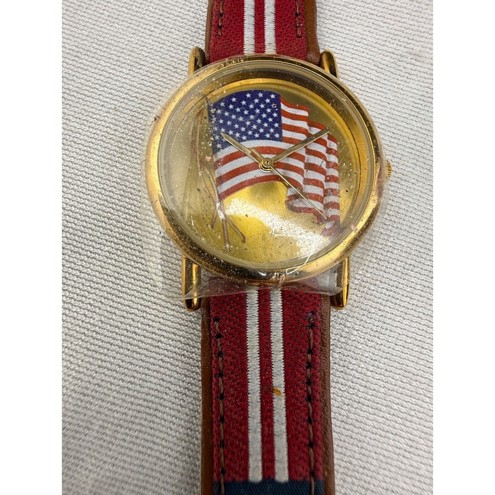 Vintage Valdawn Mens American Flag Watch Leather Band Never Worn